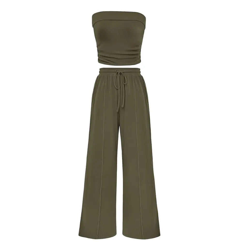 Women's Ribbed Strapless Bandeau Wide Leg Pants Two Piece Set Summer Vacation Outfit - Seldom Seen Styles