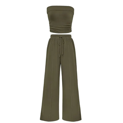 Women's Ribbed Strapless Bandeau Wide Leg Pants Two Piece Set Summer Vacation Outfit