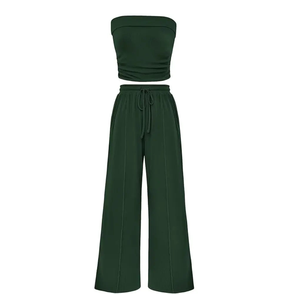 Women's Ribbed Strapless Bandeau Wide Leg Pants Two Piece Set Summer Vacation Outfit - Seldom Seen Styles