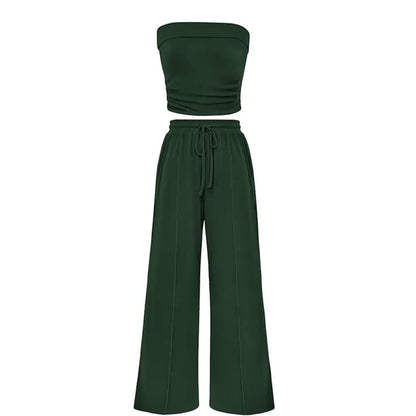 Women's Ribbed Strapless Bandeau Wide Leg Pants Two Piece Set Summer Vacation Outfit