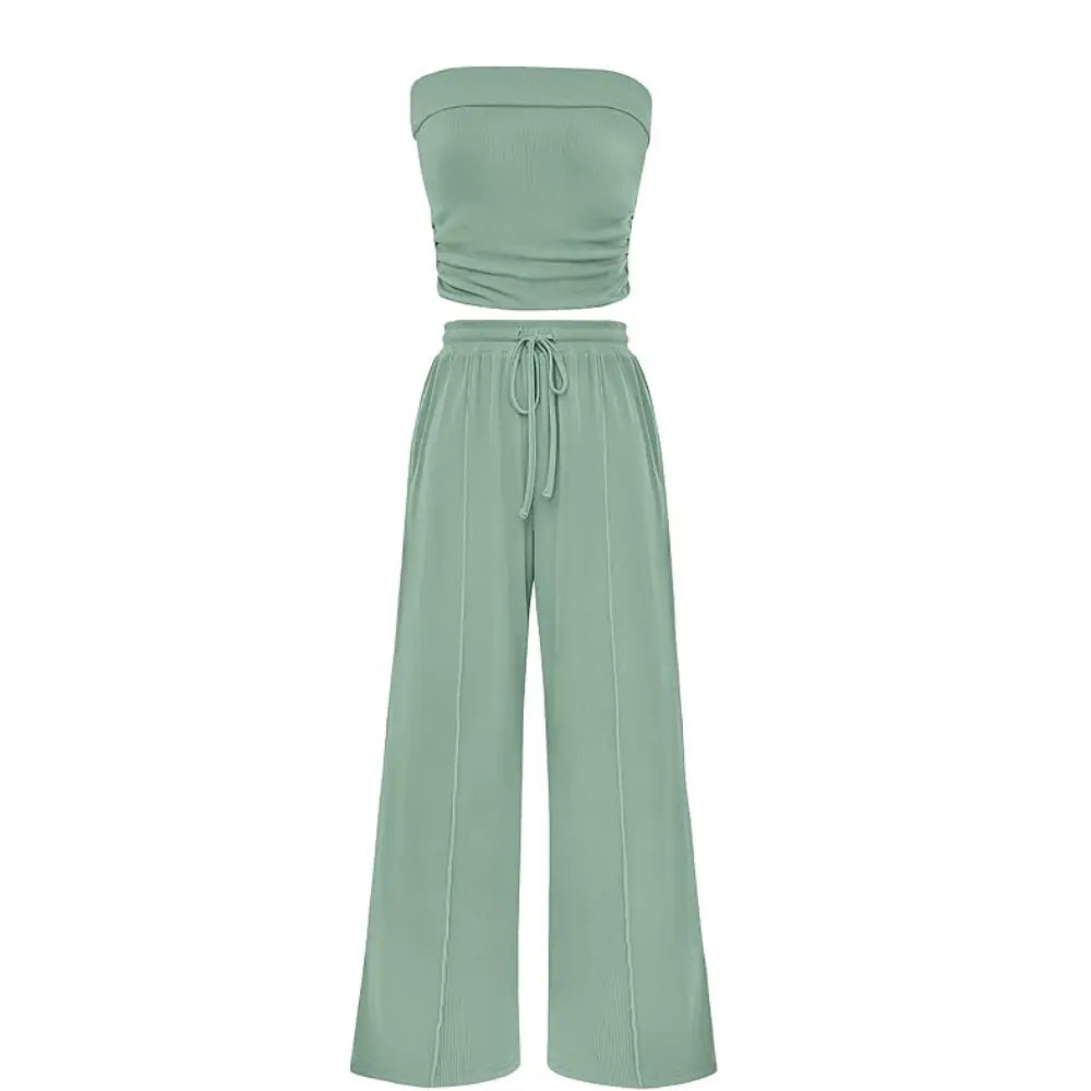 Women's Ribbed Strapless Bandeau Wide Leg Pants Two Piece Set Summer Vacation Outfit - Seldom Seen Styles