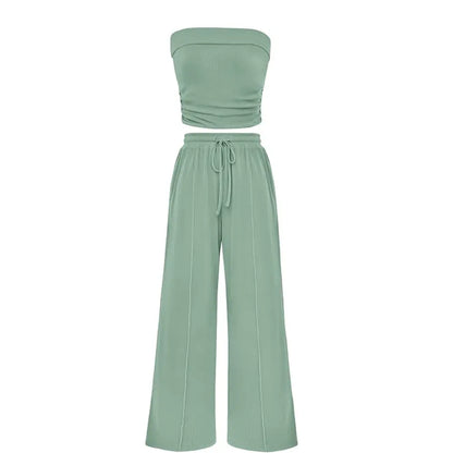 Women's Ribbed Strapless Bandeau Wide Leg Pants Two Piece Set Summer Vacation Outfit