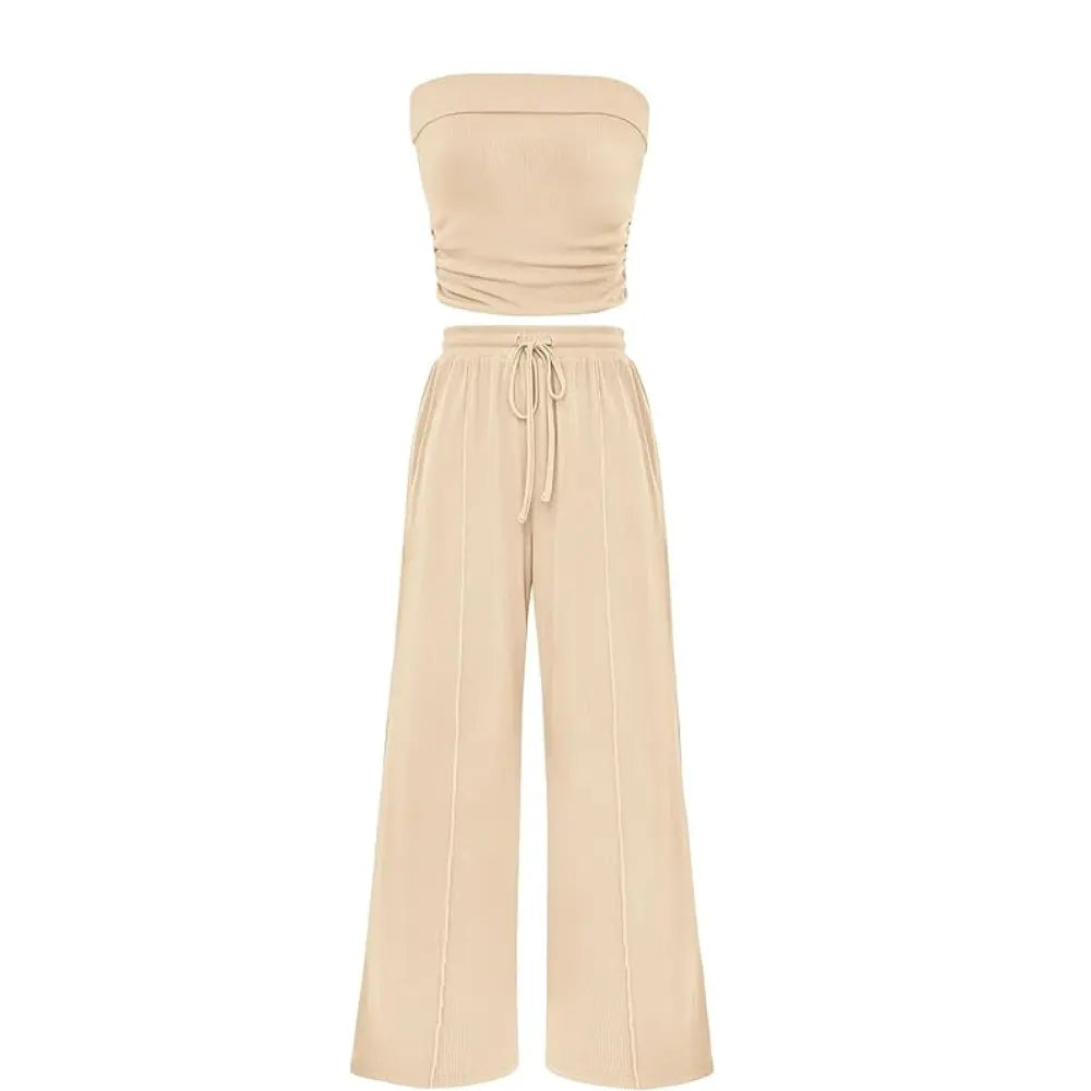 Women's Ribbed Strapless Bandeau Wide Leg Pants Two Piece Set Summer Vacation Outfit - Seldom Seen Styles
