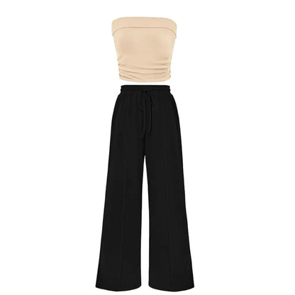 Women's Ribbed Strapless Bandeau Wide Leg Pants Two Piece Set Summer Vacation Outfit