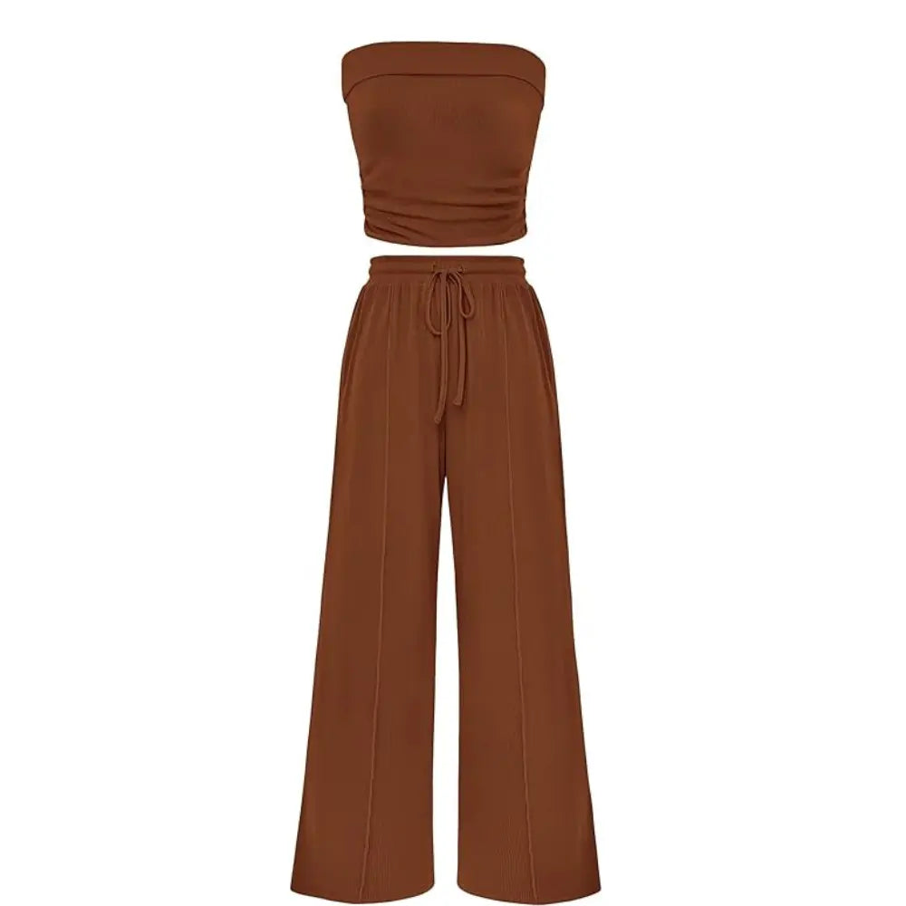 Women's Ribbed Strapless Bandeau Wide Leg Pants Two Piece Set Summer Vacation Outfit - Seldom Seen Styles