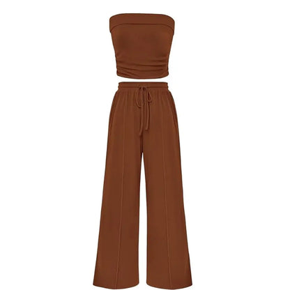 Women's Ribbed Strapless Bandeau Wide Leg Pants Two Piece Set Summer Vacation Outfit