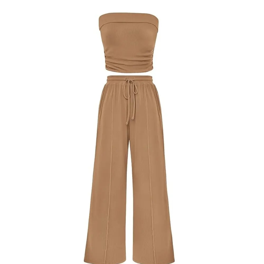 Women's Ribbed Strapless Bandeau Wide Leg Pants Two Piece Set Summer Vacation Outfit - Seldom Seen Styles