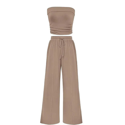 Women's Ribbed Strapless Bandeau Wide Leg Pants Two Piece Set Summer Vacation Outfit