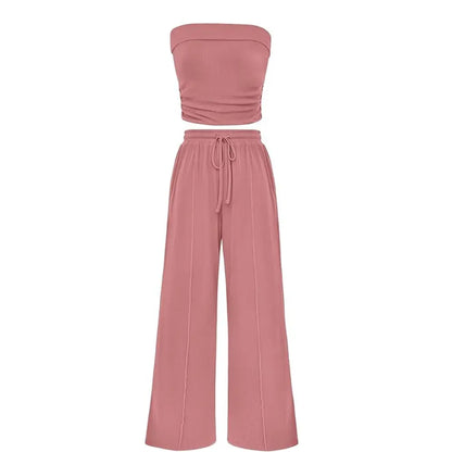 Women's Ribbed Strapless Bandeau Wide Leg Pants Two Piece Set Summer Vacation Outfit