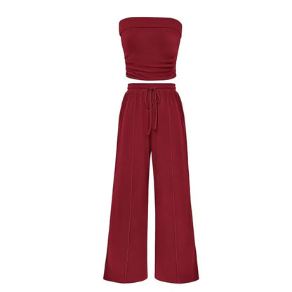 Women's Ribbed Strapless Bandeau Wide Leg Pants Two Piece Set Summer Vacation Outfit