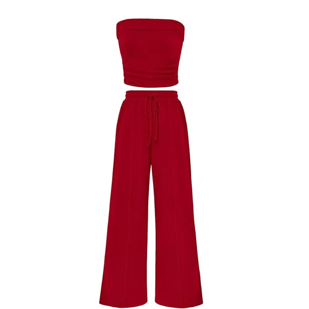 Women's Ribbed Strapless Bandeau Wide Leg Pants Two Piece Set Summer Vacation Outfit - Seldom Seen Styles