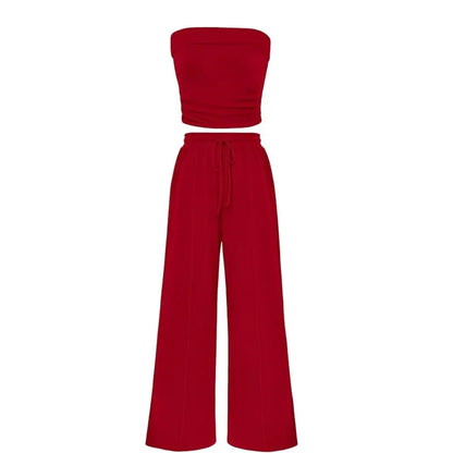 Women's Ribbed Strapless Bandeau Wide Leg Pants Two Piece Set Summer Vacation Outfit