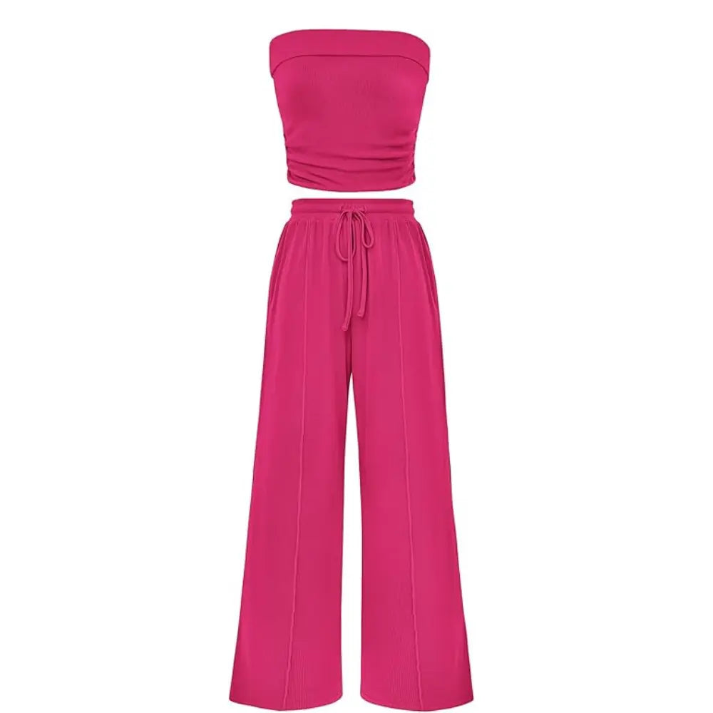 Women's Ribbed Strapless Bandeau Wide Leg Pants Two Piece Set Summer Vacation Outfit - Seldom Seen Styles