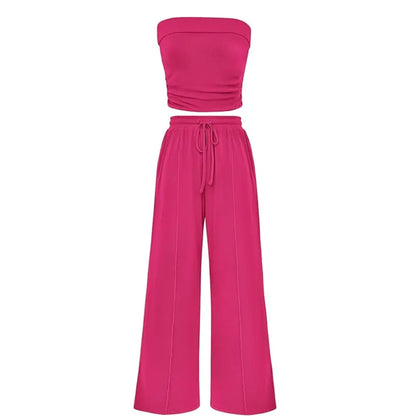 Women's Ribbed Strapless Bandeau Wide Leg Pants Two Piece Set Summer Vacation Outfit