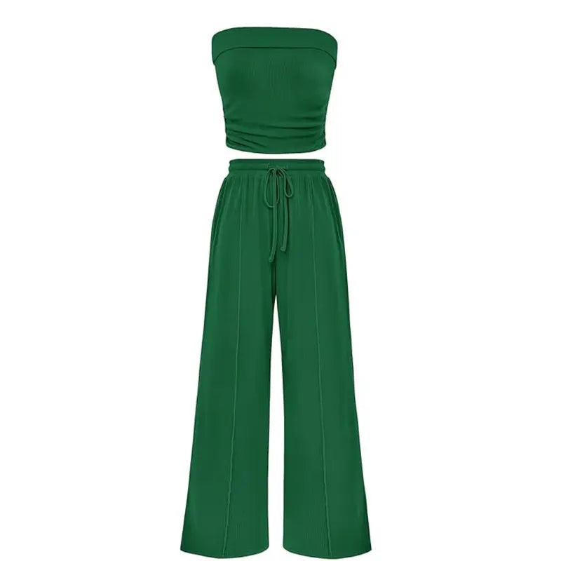 Women's Ribbed Strapless Bandeau Wide Leg Pants Two Piece Set Summer Vacation Outfit - Seldom Seen Styles