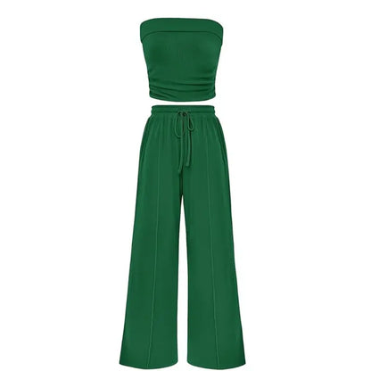Women's Ribbed Strapless Bandeau Wide Leg Pants Two Piece Set Summer Vacation Outfit