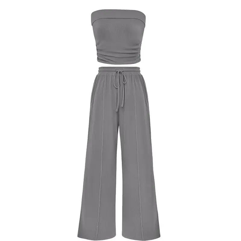 Women's Ribbed Strapless Bandeau Wide Leg Pants Two Piece Set Summer Vacation Outfit - Seldom Seen Styles