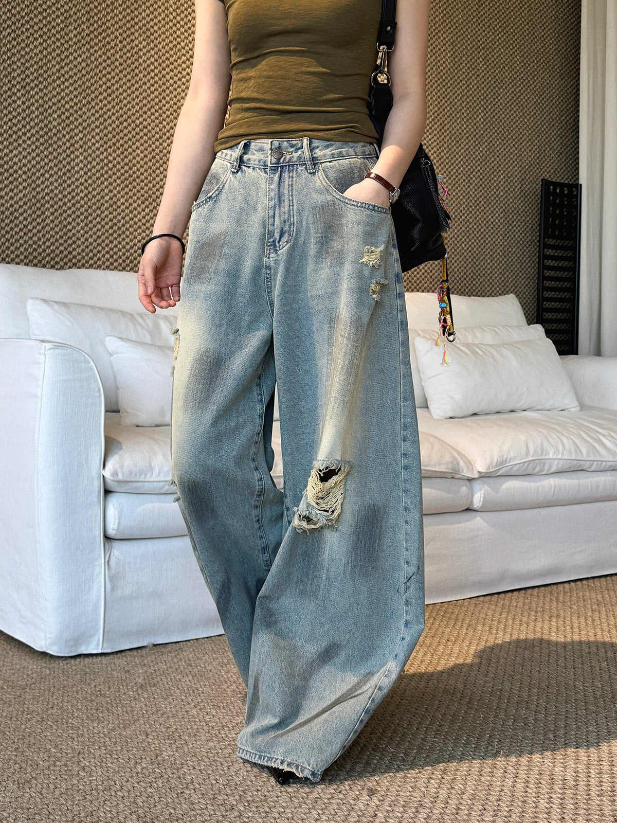Women's Ripped Wide Leg Baggy Jeans High Waist Distressed Denim Pants Street Style Y2K Casual - Seldom Seen Styles