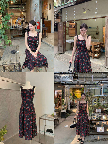 Damen Rose Blumenmuster Netz Midi-Kleid Enganliegende Kleider Chiffon Neckholder-Kleid