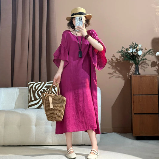 Women's Round Neck Flare Sleeve Loose Fit Linen Midi Dress Plus Size Casual Summer Beach Vacation - Seldom Seen Styles