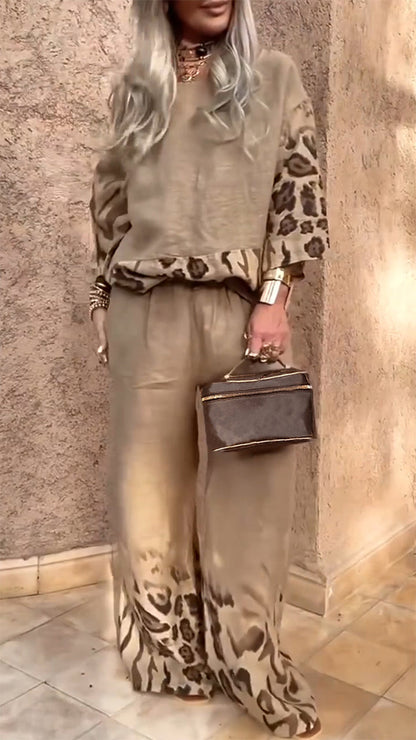 Damen Rundhals Leopard Baumwolle Leinen Freizeitanzug