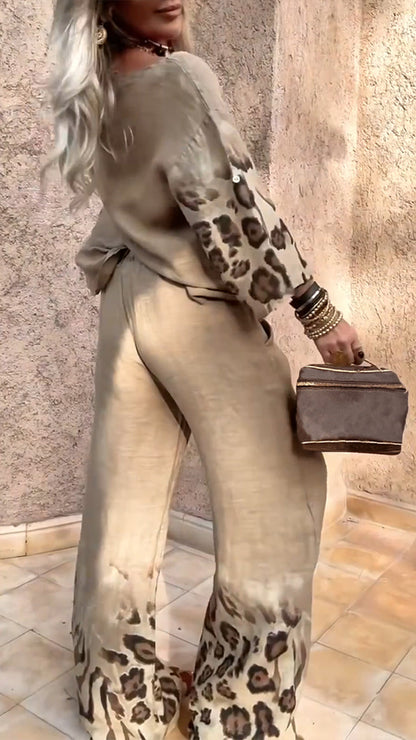 Damen Rundhals Leopard Baumwolle Leinen Freizeitanzug