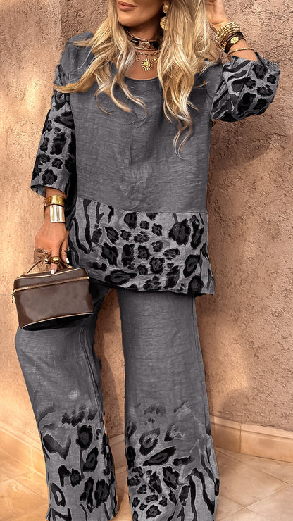 Damen Rundhals Leopard Baumwolle Leinen Freizeitanzug