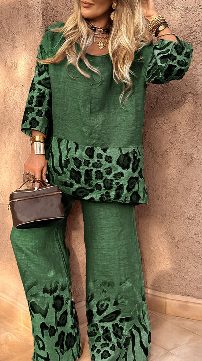 Damen Rundhals Leopard Baumwolle Leinen Freizeitanzug