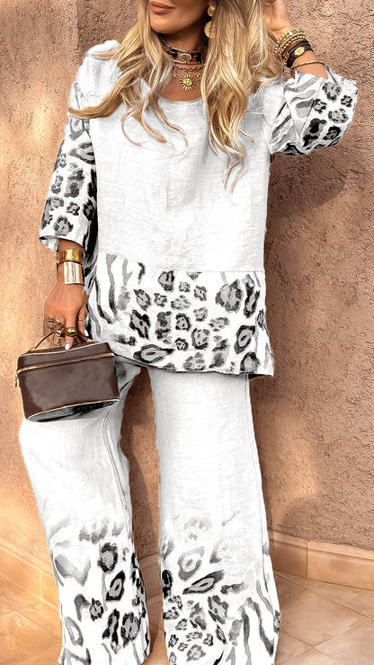 Damen Rundhals Leopard Baumwolle Leinen Freizeitanzug