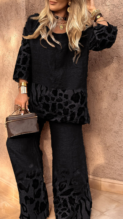 Damen Rundhals Leopard Baumwolle Leinen Freizeitanzug