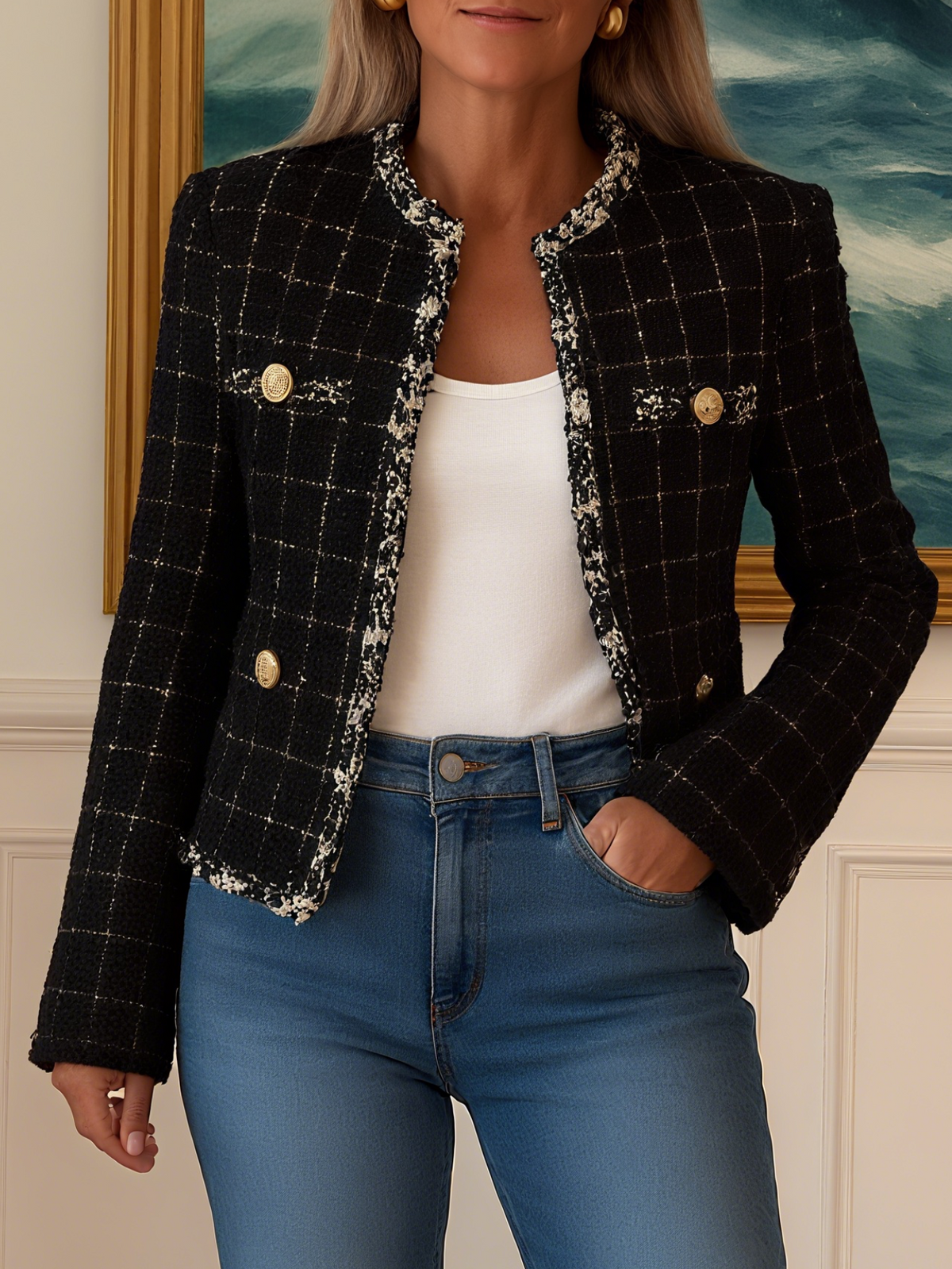 Women's Round Neck Long Sleeve Plaid Elegant Jacket - Seldom Seen Styles