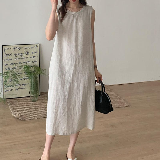 Women's Round Neck Sleeveless Gathered Neck Straight Linen Midi Dress Casual Summer Beach Vacation - Seldom Seen Styles