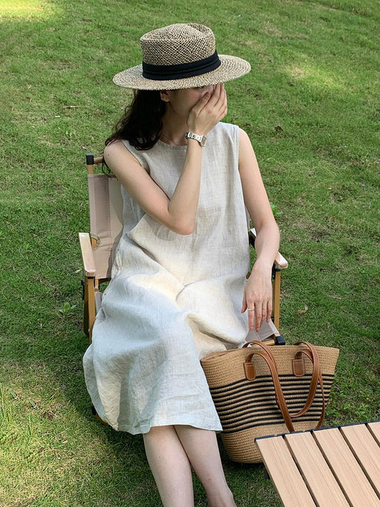 Women's Round Neck Sleeveless Loose 100% Linen Midi Dress Casual Summer Beach Vacation - Seldom Seen Styles
