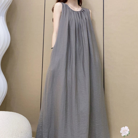 Women's Round Neck Sleeveless Pleated Tie Waist Loose 100% Linen Maxi Dress Casual Summer Beach Vacation - Seldom Seen Styles