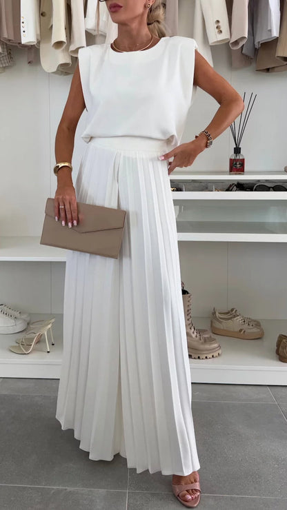 Ensemble décontracté pour femme, comprenant un haut sans manches à col rond et un pantalon plissé à jambes larges