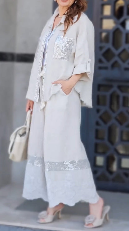 Costume de navetteur imprimé à col rond et coutures dorées pour femmes