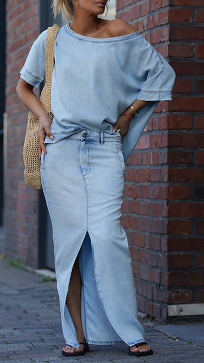 Damen Tencel-Denim-Freizeitanzug mit Rundhalsausschnitt