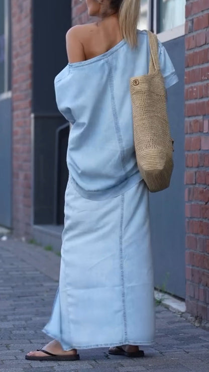 Damen Tencel-Denim-Freizeitanzug mit Rundhalsausschnitt