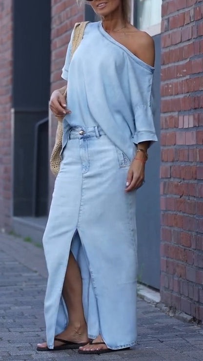 Damen Tencel-Denim-Freizeitanzug mit Rundhalsausschnitt