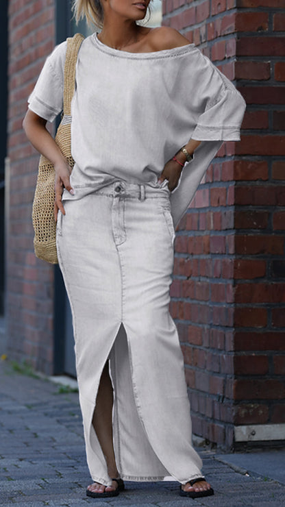 Damen Tencel-Denim-Freizeitanzug mit Rundhalsausschnitt