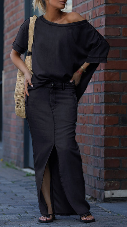 Damen Tencel-Denim-Freizeitanzug mit Rundhalsausschnitt