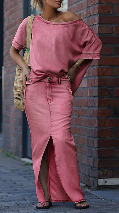 Damen Tencel-Denim-Freizeitanzug mit Rundhalsausschnitt