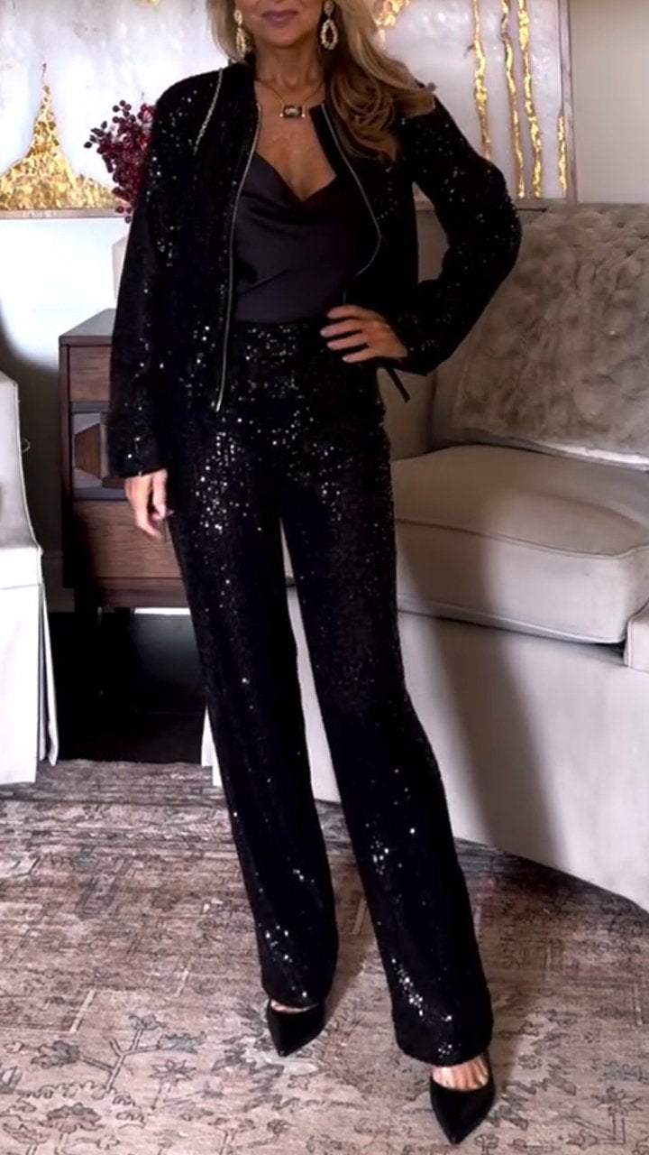 Women's Round Neck Zipper Sequin Top + Trousers Casual Suit - Seldom Seen Styles