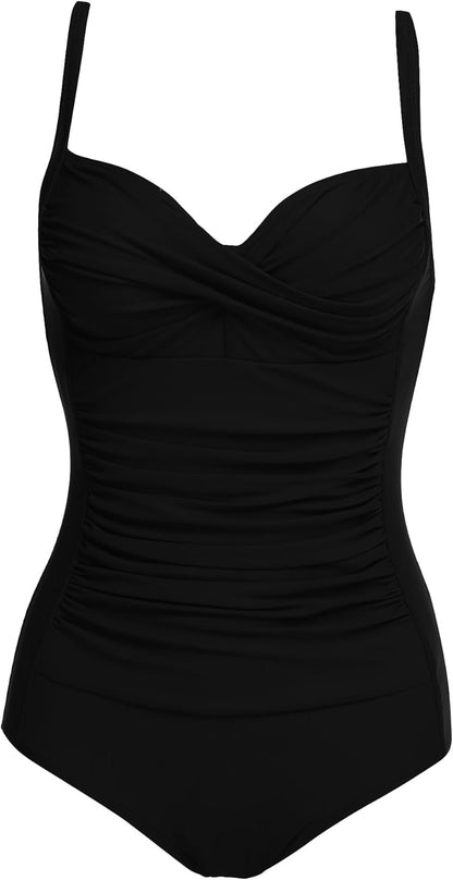 Women's Ruched Tummy Control One Piece Swimsuit Vintage Retro Push Up Bathing Suit Beach Vacation Swimwear