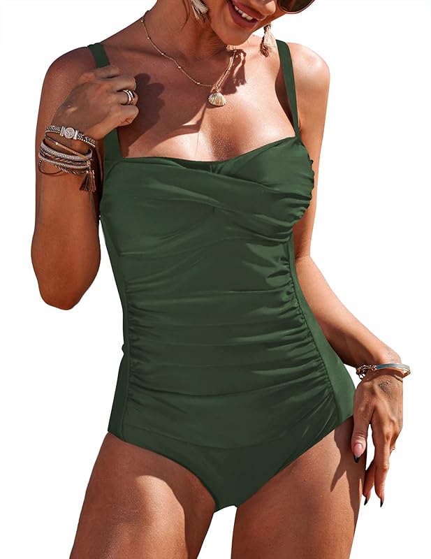 Women's Ruched Tummy Control One Piece Swimsuit Vintage Retro Push Up Bathing Suit Beach Vacation Swimwear - Seldom Seen Styles