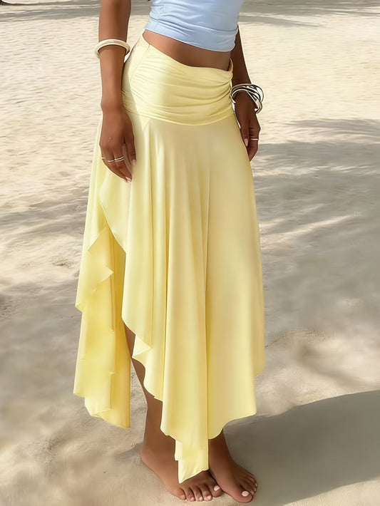 Women's Ruched Waist Asymmetric Ruffle Hem Maxi Skirt - Seldom Seen Styles