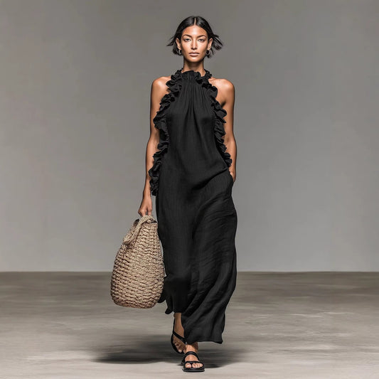 Women's Ruffle Collar Sleeveless Loose Maxi Dress Elegant Summer Vacation Beach Long Dress - Seldom Seen Styles