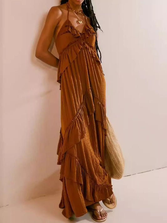 Women's Ruffle Halter Maxi Dress Boho Flowy Summer Dress - Seldom Seen Styles