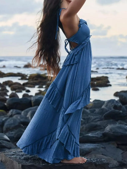 Robe longue à volants et col licou
