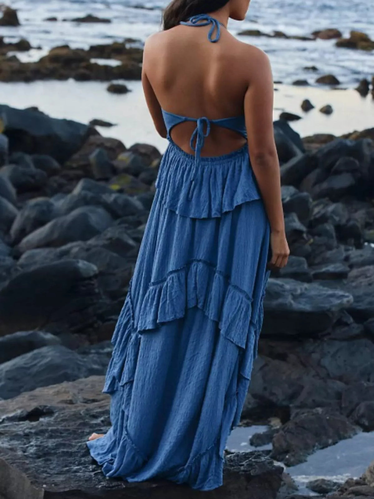 Women's Ruffle Halter Maxi Dress Boho Flowy Summer Dress - Seldom Seen Styles